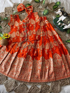 Evanik Orange Banarasi Silk Kids Lehenga Choli Set with Zari Jacquard Work for Girls | Grocsy