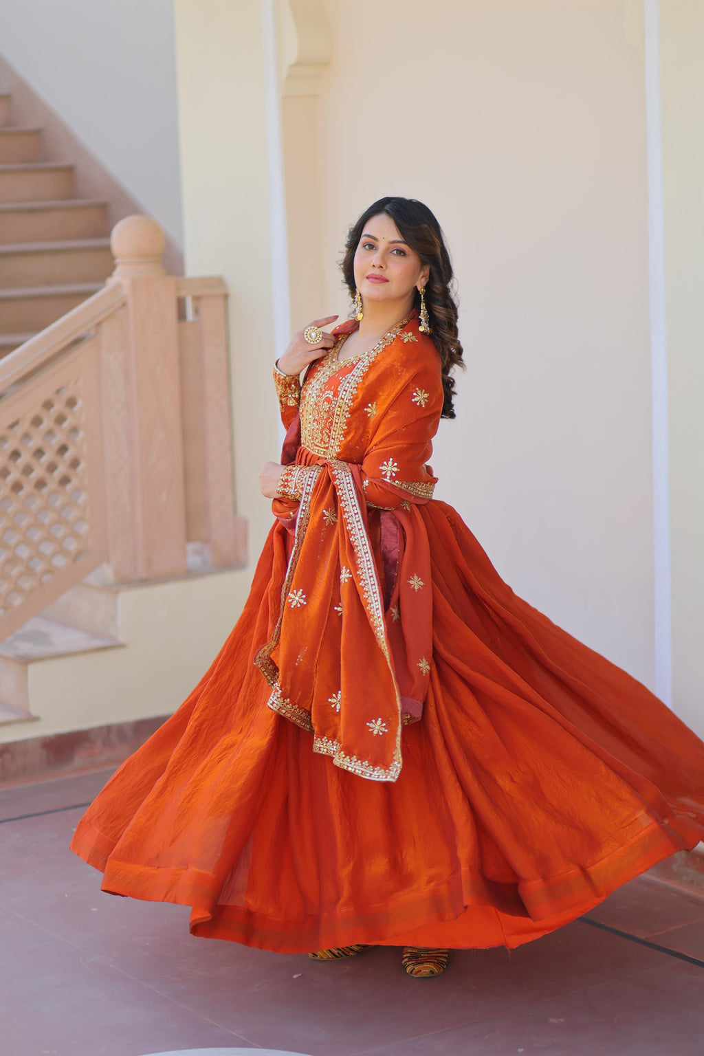 Evanik Orange Fendy Fabric With Zari & Sequins Embroidered work Gown Dupatta | Grocsy