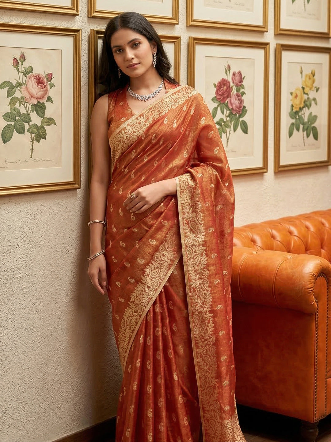 Anaita Orange Woven Tissue Silk Saree With Blouse | Grocsy