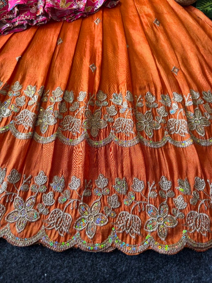 Evanik Designer Orange Tissue Silk Embroidered Work Gown With koti for Kids | Grocsy