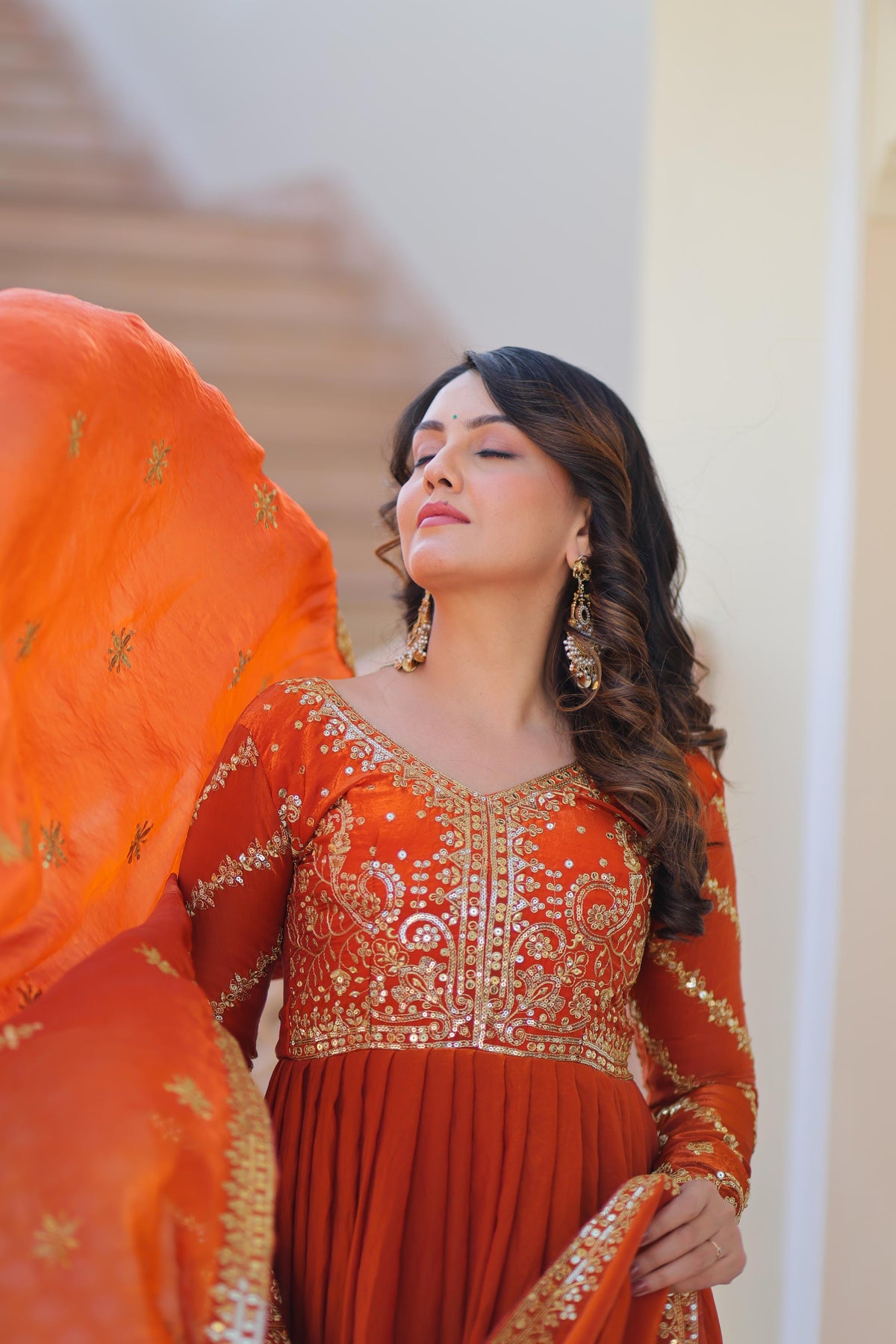 Evanik Orange Fendy Fabric With Zari & Sequins Embroidered work Gown Dupatta | Grocsy