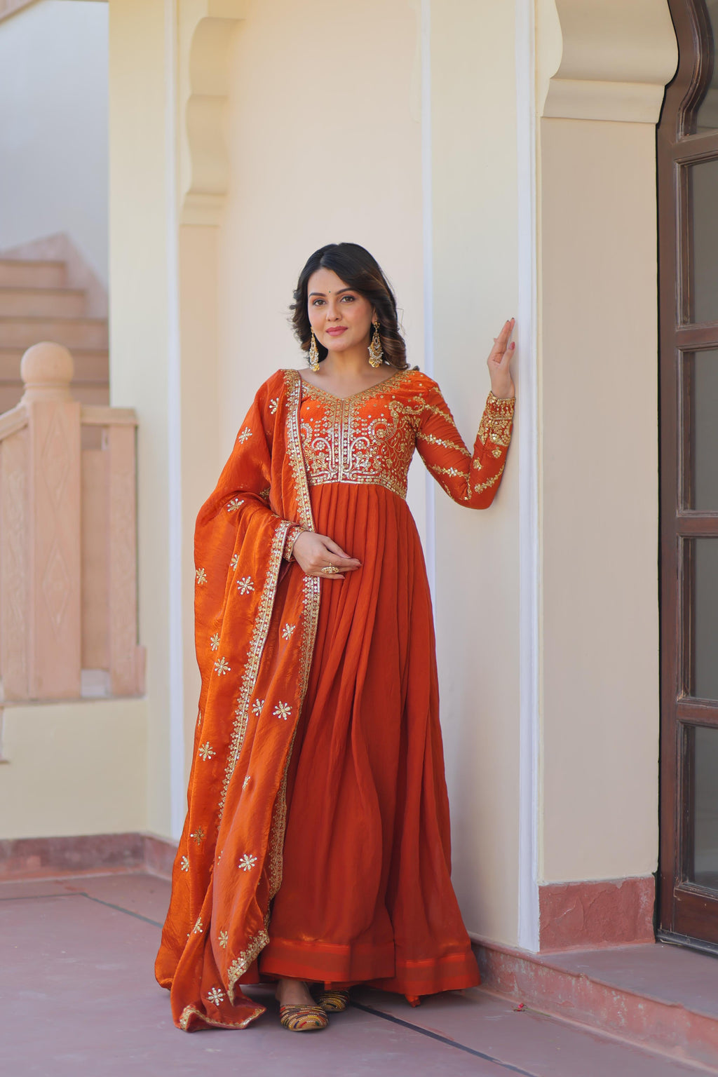 Evanik Orange Fendy Fabric With Zari & Sequins Embroidered work Gown Dupatta | Grocsy
