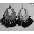 MS Fashion India Oxidized Silver Afghani Black Color Silk Thread Chandbali Earrings With Tassels | Grocsy