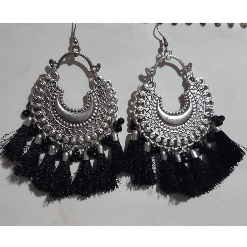 MS Fashion India Oxidized Silver Afghani Black Color Silk Thread Chandbali Earrings With Tassels | Grocsy