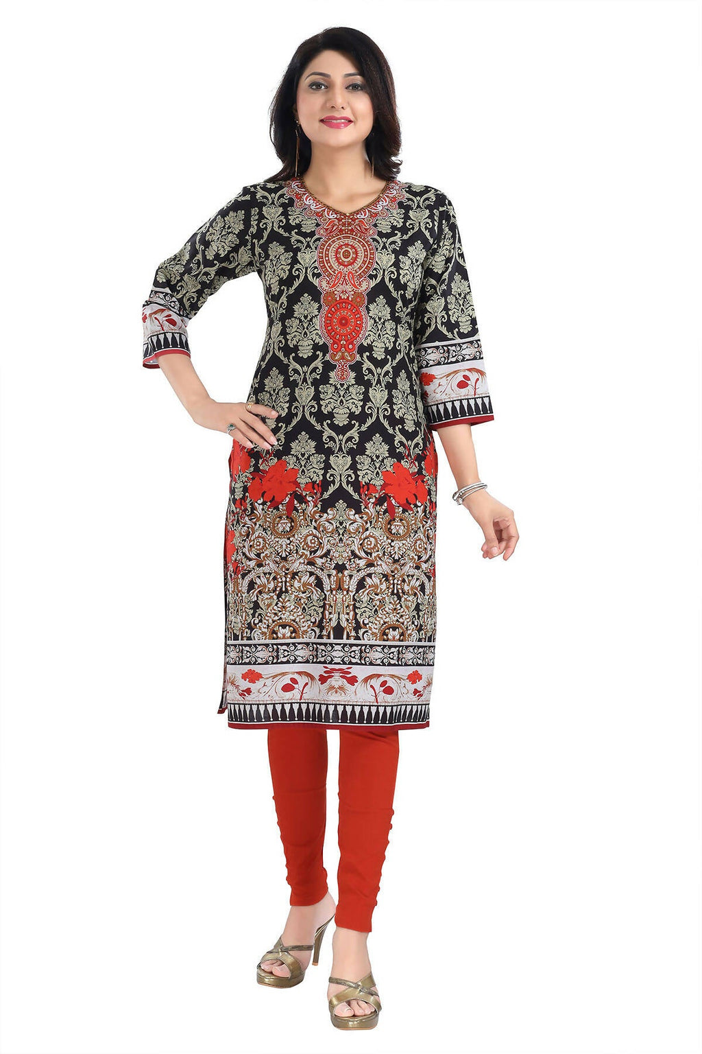Snehal Creations Deep Black Designer Digital Print Cotton Slub Fabric Long Kurti Tunic | Grocsy