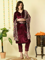 Myshka Women's Magenta Velvet Kurta & Trousers With Dupatta Party Sets | Grocsy