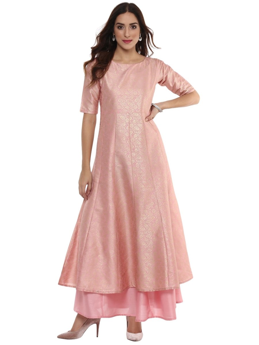 Ahalyaa Women's Pink Poly Silk Gold Foil Print Kurta | Grocsy