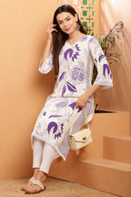 Cheera Women Stylish Hand Block Printed Cotton Blend Flared Kurta - Off White | Grocsy