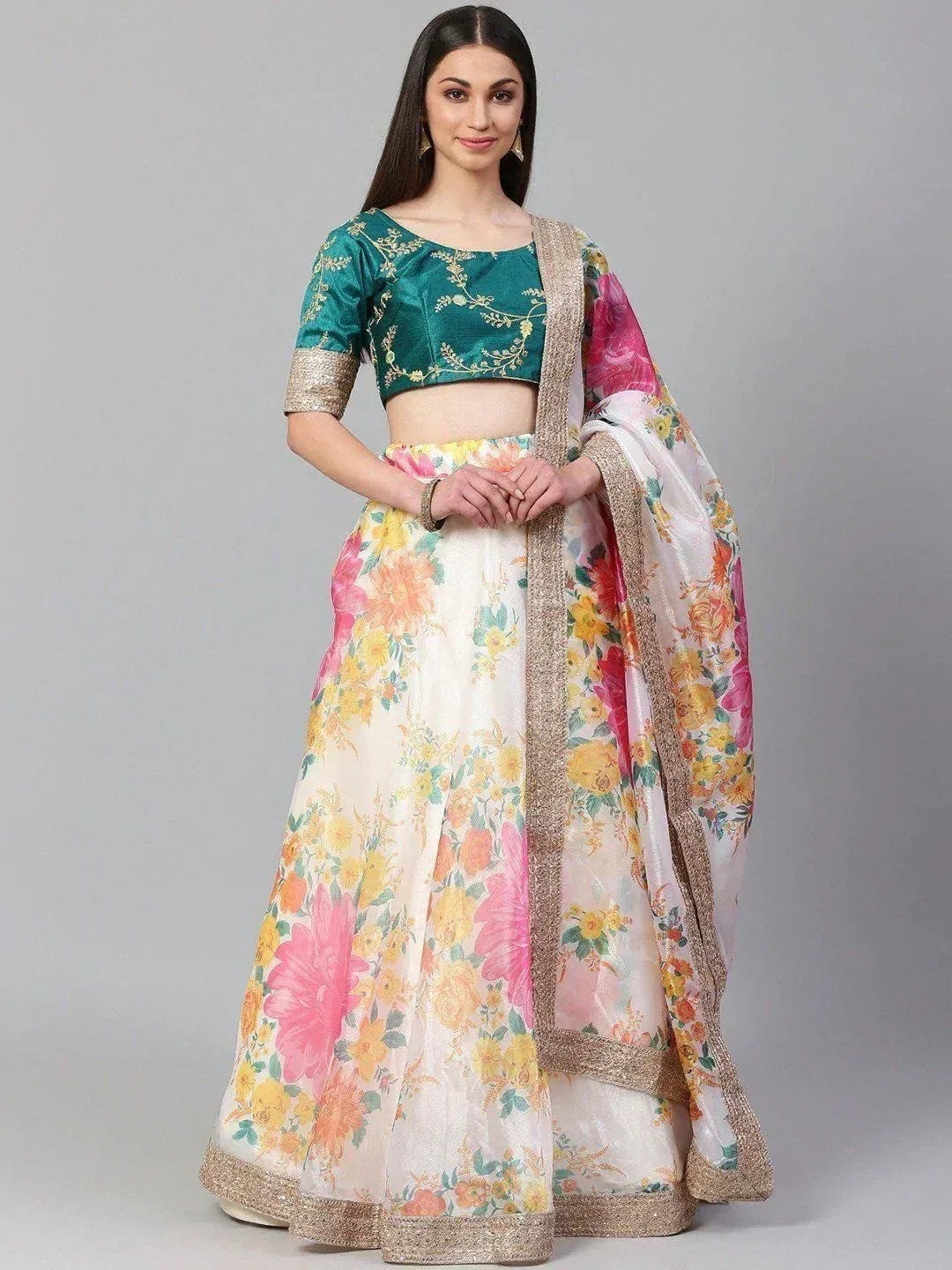 Tulsi Art Off-White Semi-Stitched Myntra Lehenga & Unstitched Blouse With Dupatta | Grocsy
