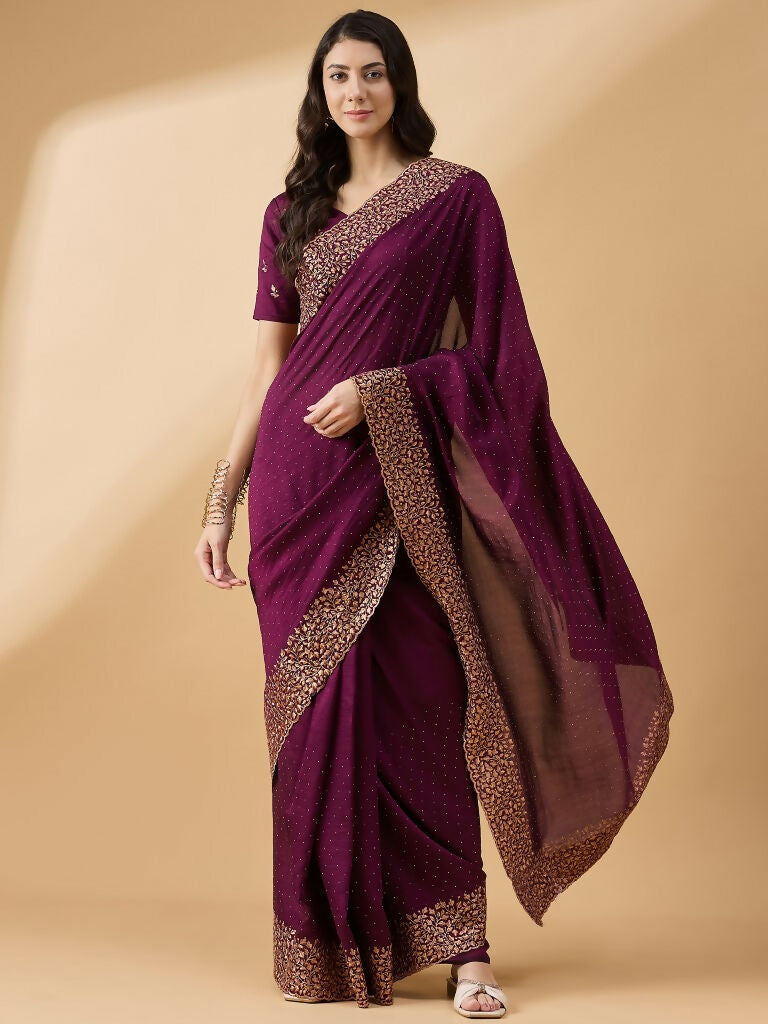 Purple Silk Blend Embroidered Saree with Unstitched Blouse - Vairagi | Grocsy
