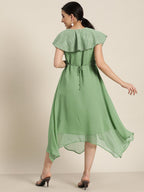 Juniper Women's Sagegreen Georgette Embroidered Asymmetric Dress | Grocsy