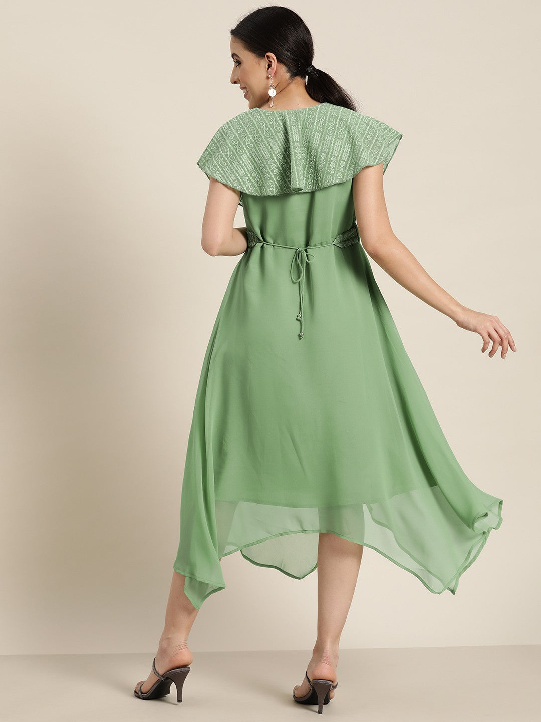 Juniper Women's Sagegreen Georgette Embroidered Asymmetric Dress | Grocsy