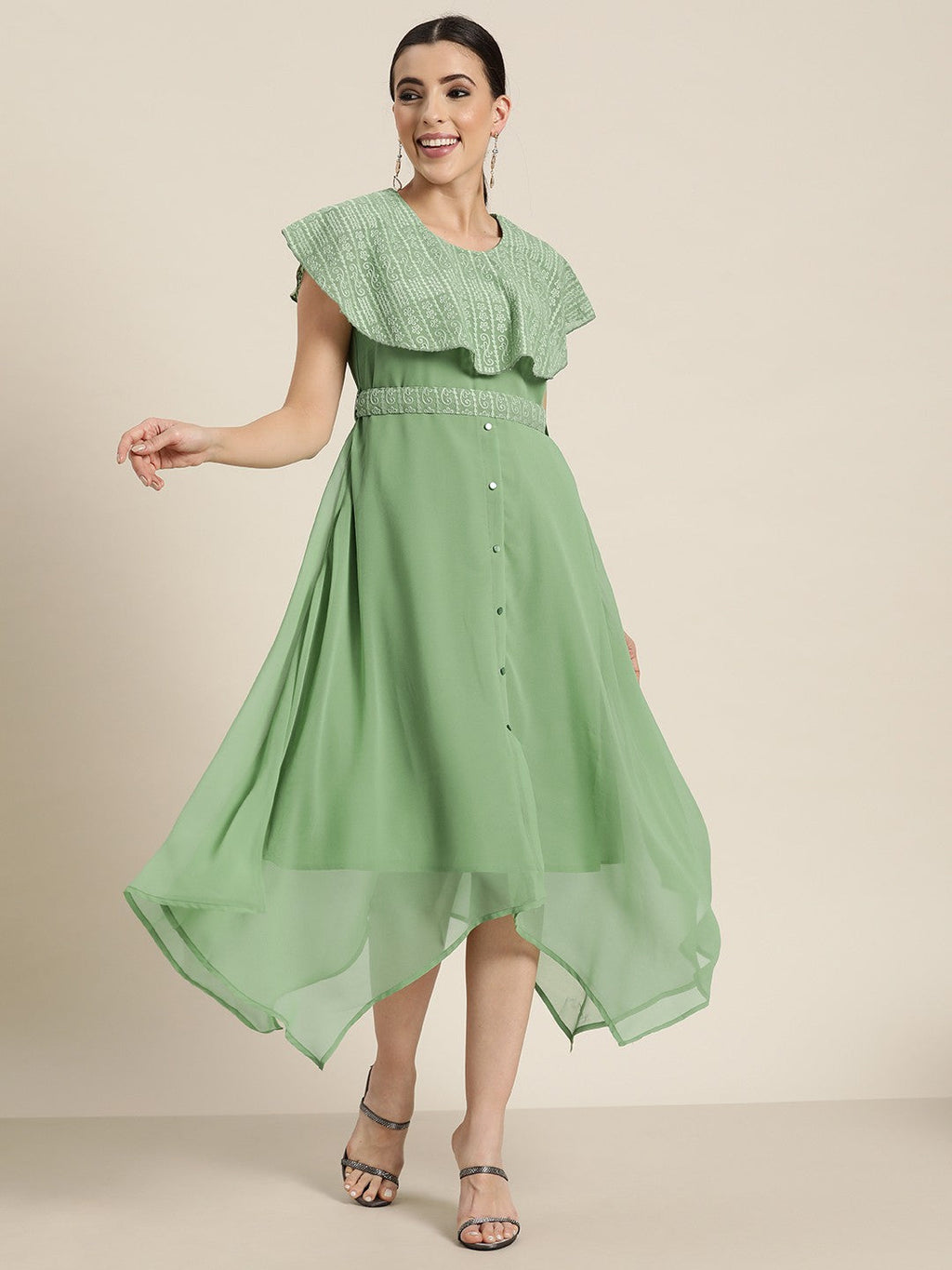 Juniper Women's Sagegreen Georgette Embroidered Asymmetric Dress | Grocsy