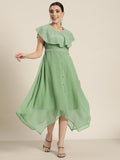 Juniper Women's Sagegreen Georgette Embroidered Asymmetric Dress | Grocsy
