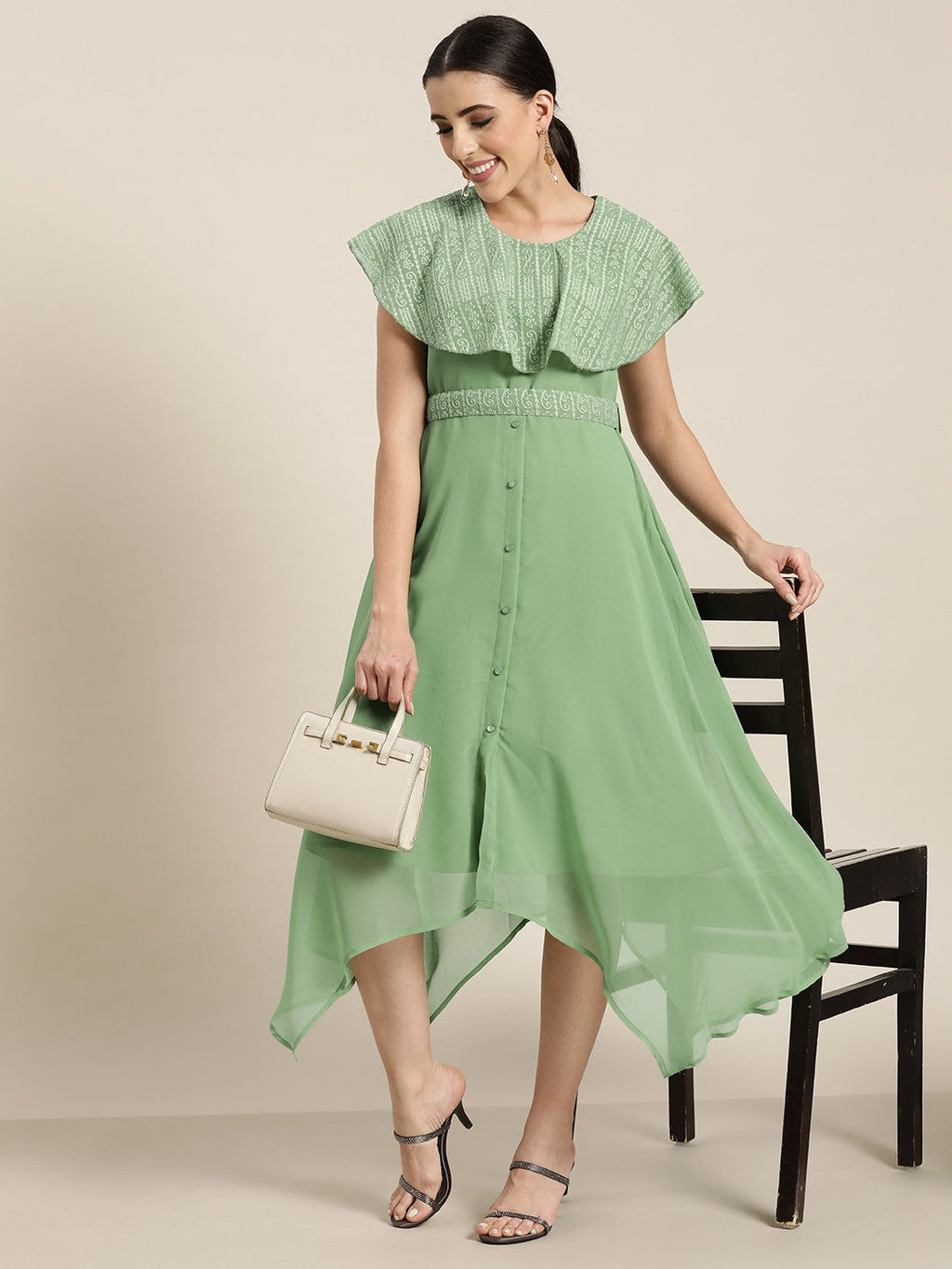 Juniper Women's Sagegreen Georgette Embroidered Asymmetric Dress | Grocsy