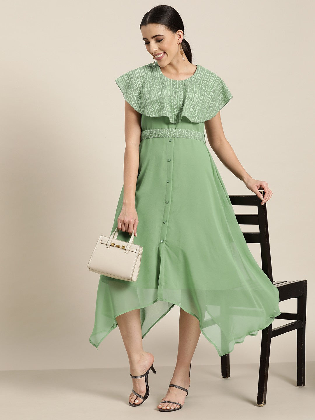 Juniper Women's Sagegreen Georgette Embroidered Asymmetric Dress | Grocsy