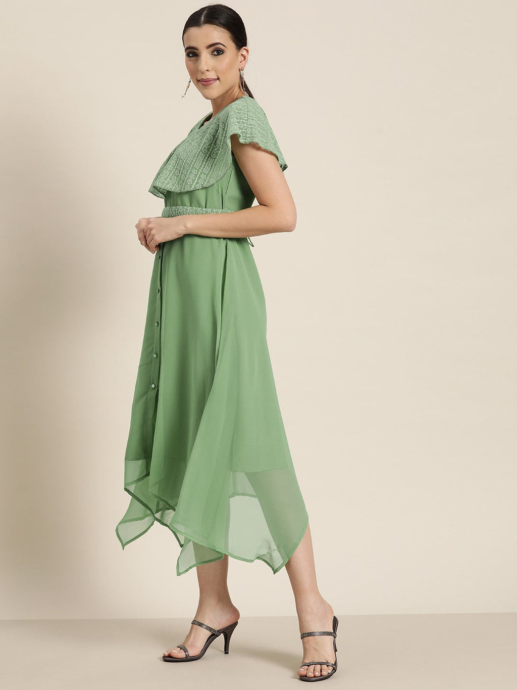 Juniper Women's Sagegreen Georgette Embroidered Asymmetric Dress | Grocsy