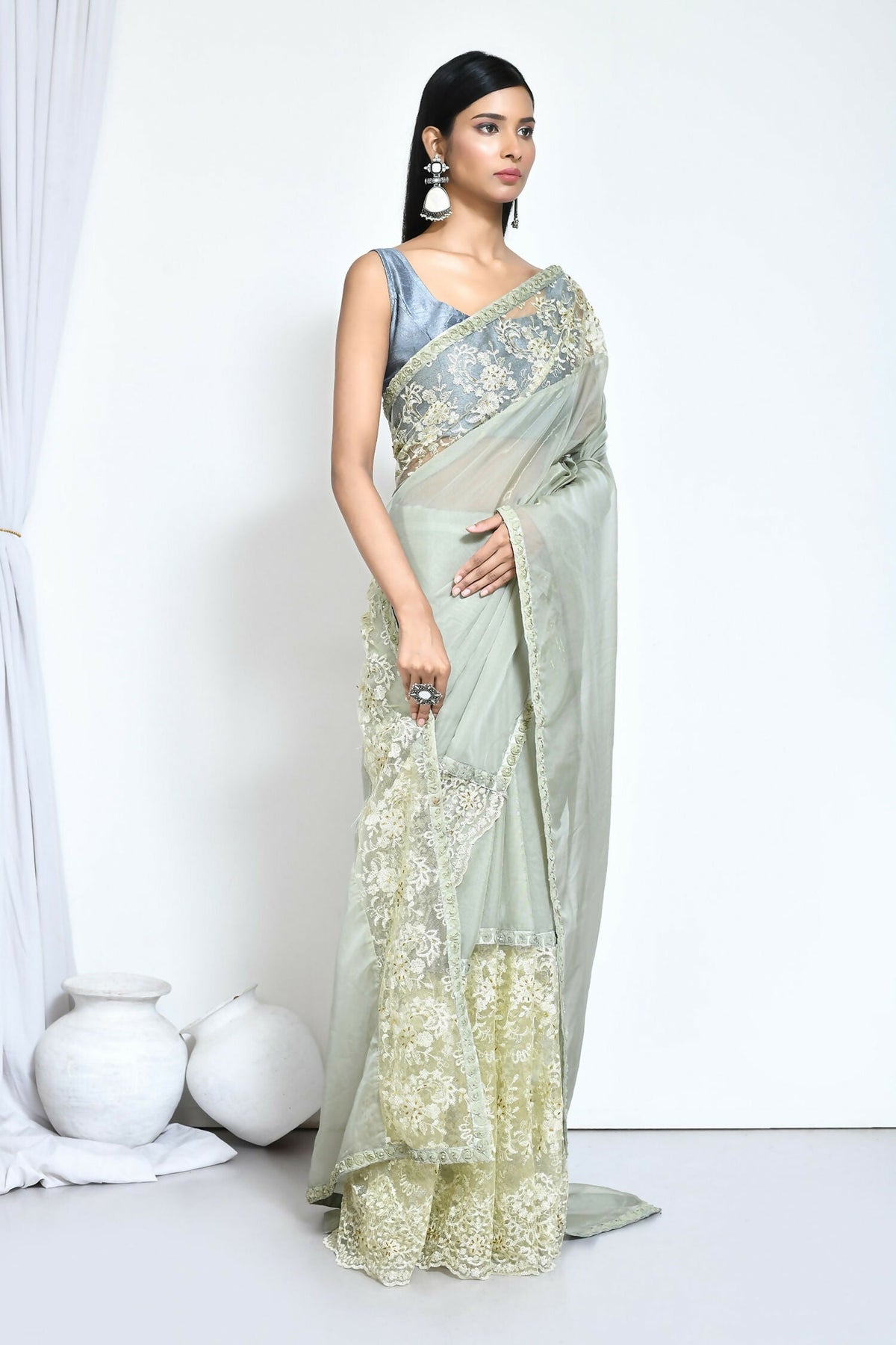 Green Organza Jari Silk Floral Embroidered Festive Saree - Nimaya Denzy | Grocsy