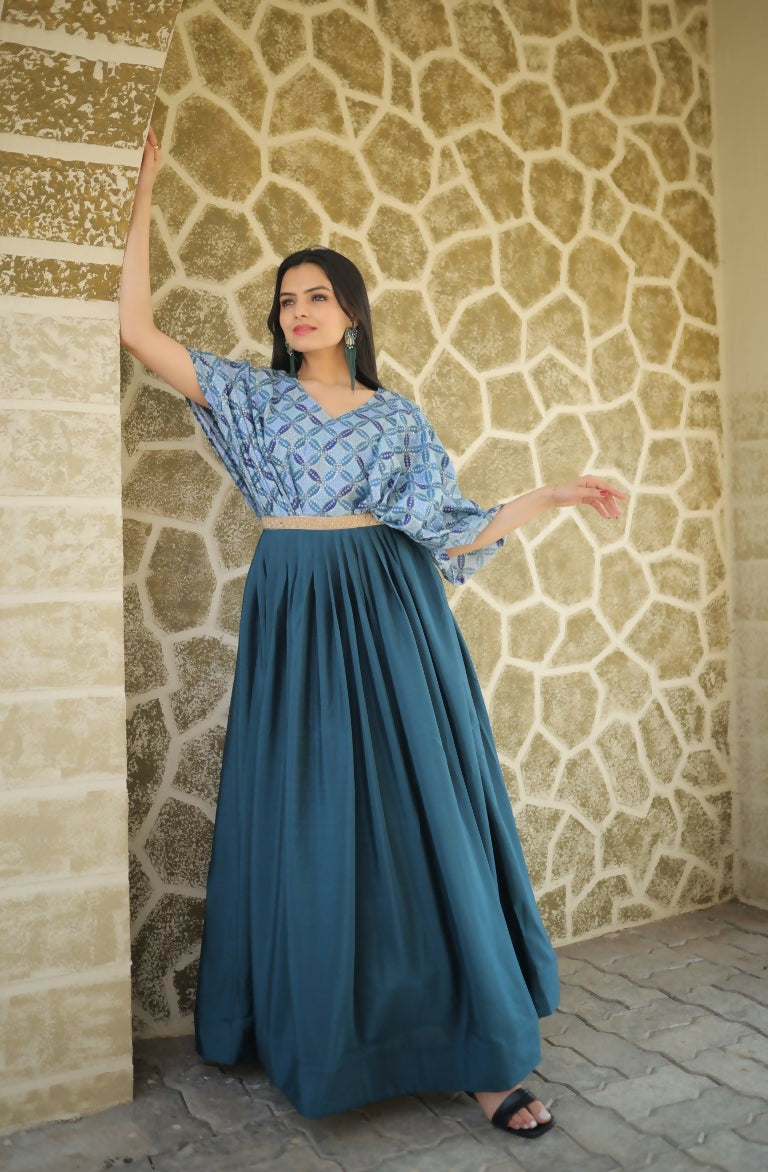 Jyoti Fashion Women's Teal Printed with Sequins Chinon Anarkali Dress | Grocsy