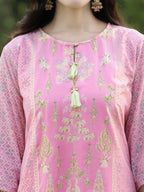 Juniper Pink Ethnic Motif Printed Georgette Kurta Pants & Dupatta Set With Tassels & Lace | Grocsy