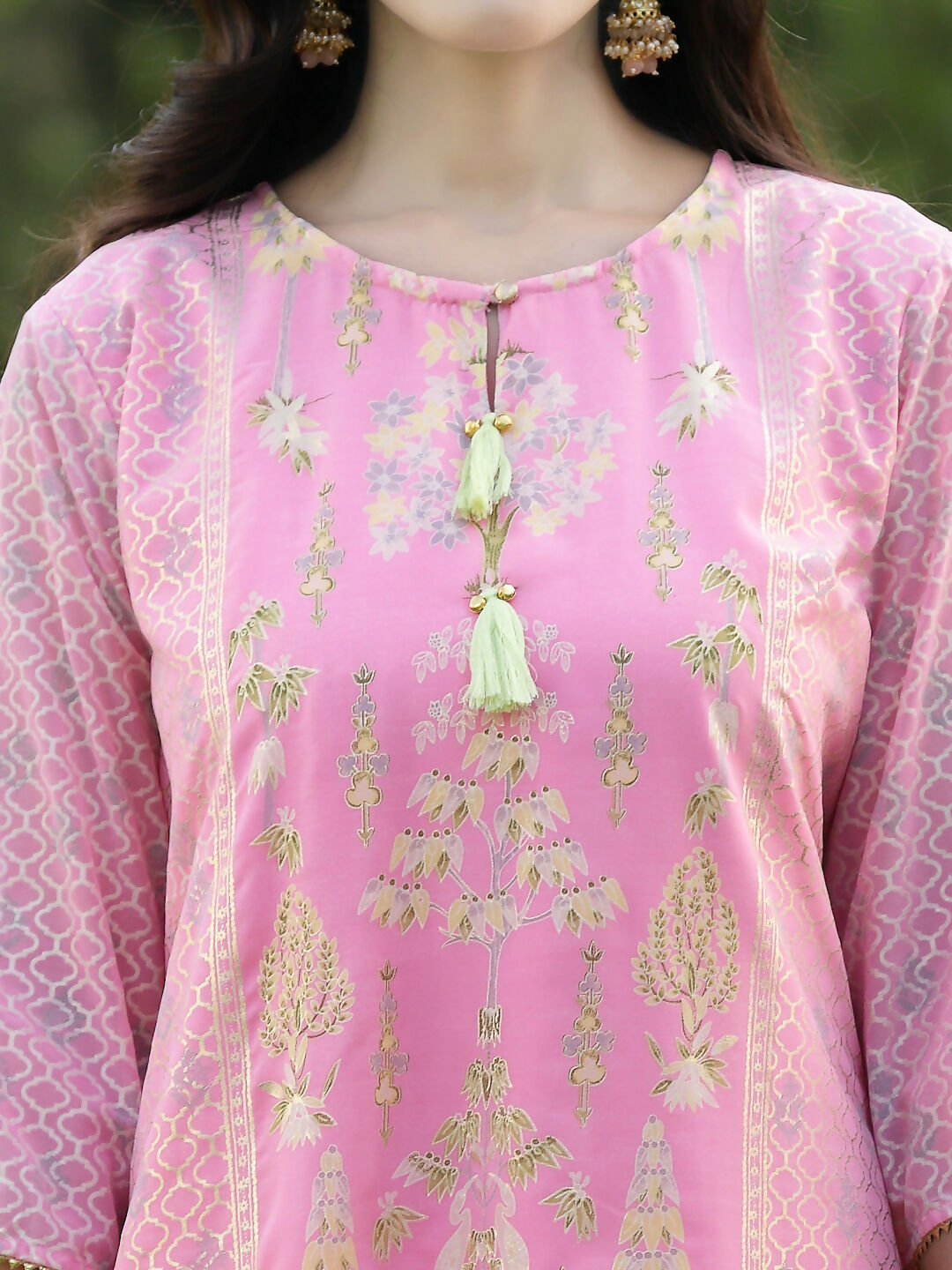 Juniper Pink Ethnic Motif Printed Georgette Kurta Pants & Dupatta Set With Tassels & Lace | Grocsy