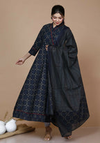 Miravan Women's Abstract Printed & Tasseles Angrakha Kurta With Blue Dupatta Set | Grocsy