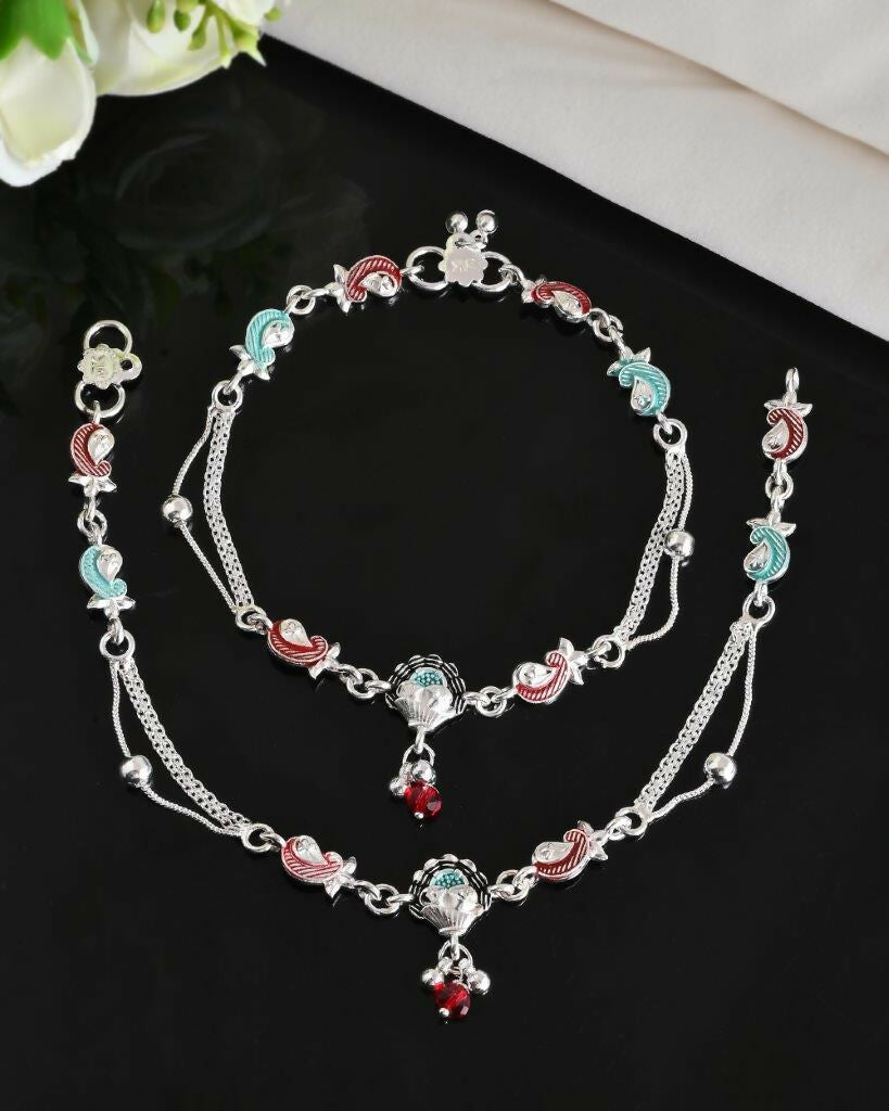 VOJ Set of 2 Traditional Stone Studded Mutli Color Designer Anklet | Grocsy