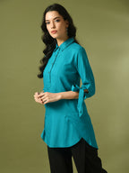 Myshka Women's Turquoise Blue Solid Cotton Longline Party Sheer Tunic | Grocsy
