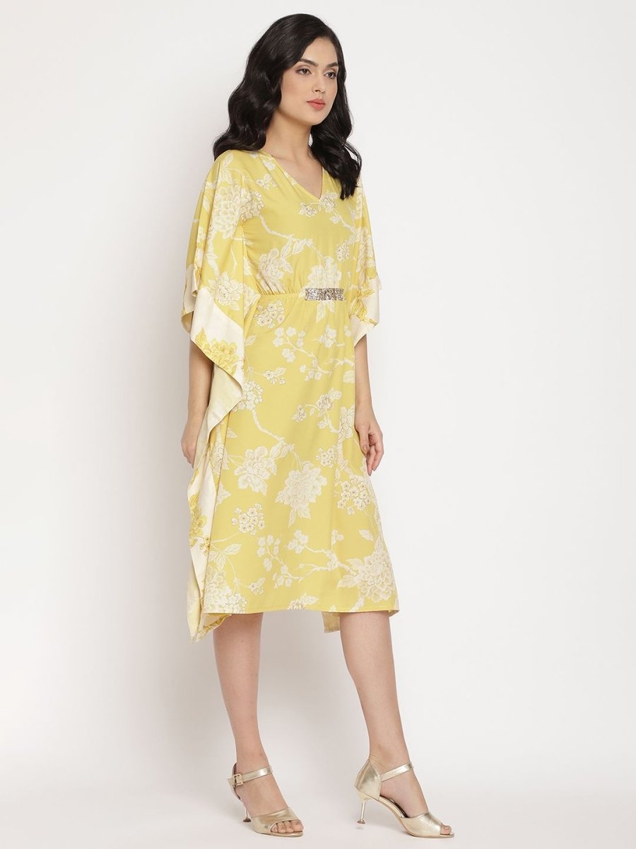 Ahalyaa Women Lime Green & Off White Floral Printed Flared Sleeves Floral Kaftan Kurta | Grocsy