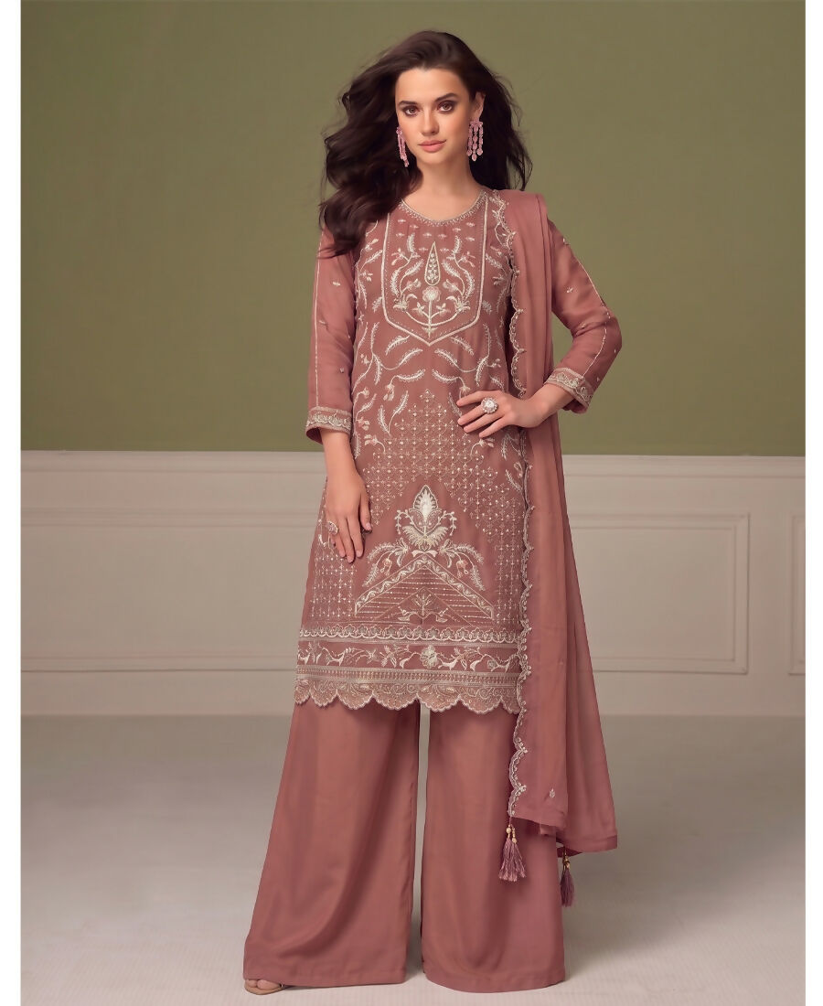 KC Beautiful Peach Chiffon Silk Hand Embroidery Suit For Women | Grocsy