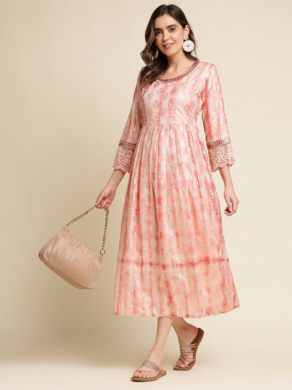 Peach Cotton Paisley Printed Fit & Flare Dress - Yukti | Grocsy