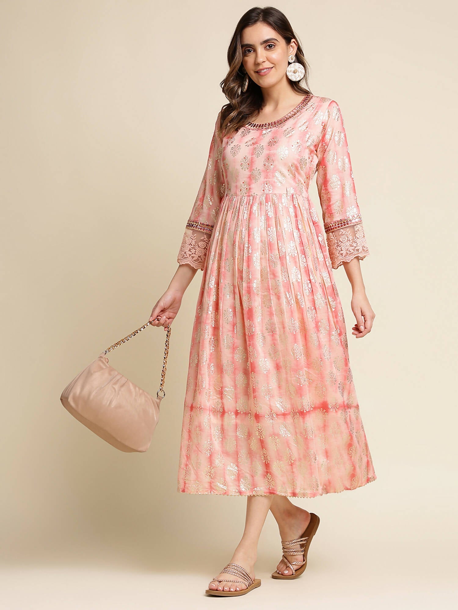 Peach Cotton Paisley Printed Fit & Flare Dress - Yukti | Grocsy