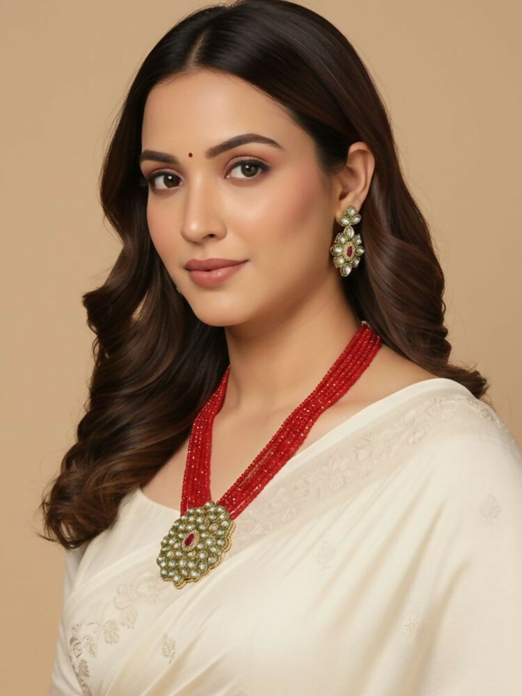NVR Women Gold Plated Red Kundan Jewellery Set | Grocsy