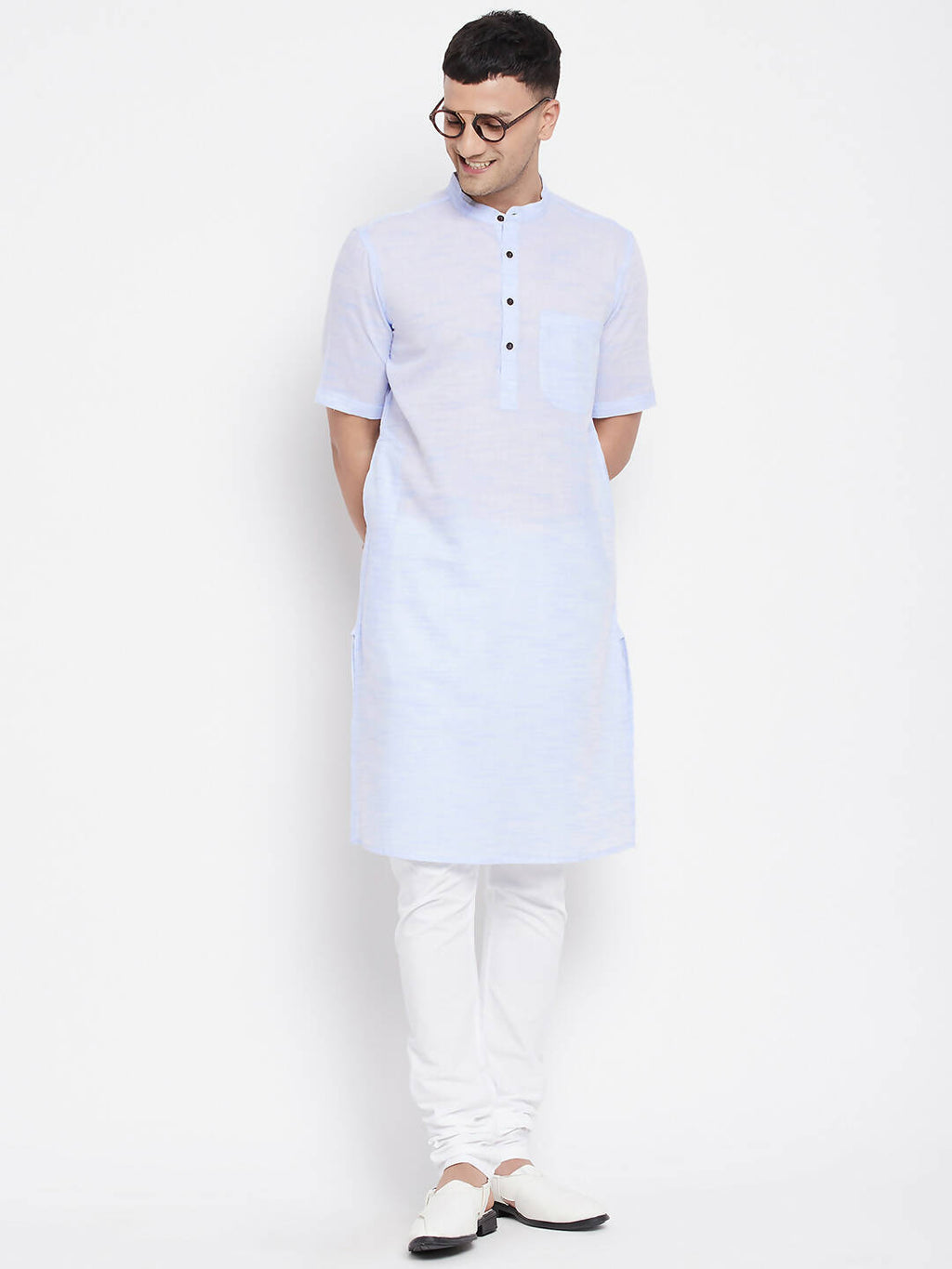 Even Apparels Blue Color Pure Cotton With Band Collar Men's H/S Kurta | Grocsy