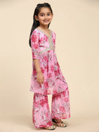 Alakhi Studio Girls Floral Georgette Printed V-Neck Kurta With Sharara - Pink | Grocsy