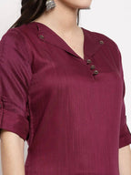 Myshka Women's burgundy Cotton Solid Half Sleeve Collar Neck Casual Kurta Pant Dupatta Set | Grocsy