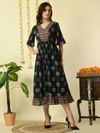 Myshka Women's Black Printed Cotton Party Dress | Grocsy