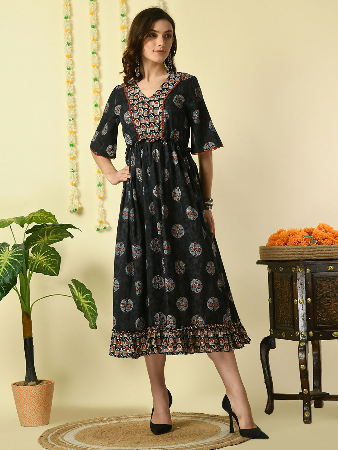 Myshka Women's Black Printed Cotton Party Dress | Grocsy