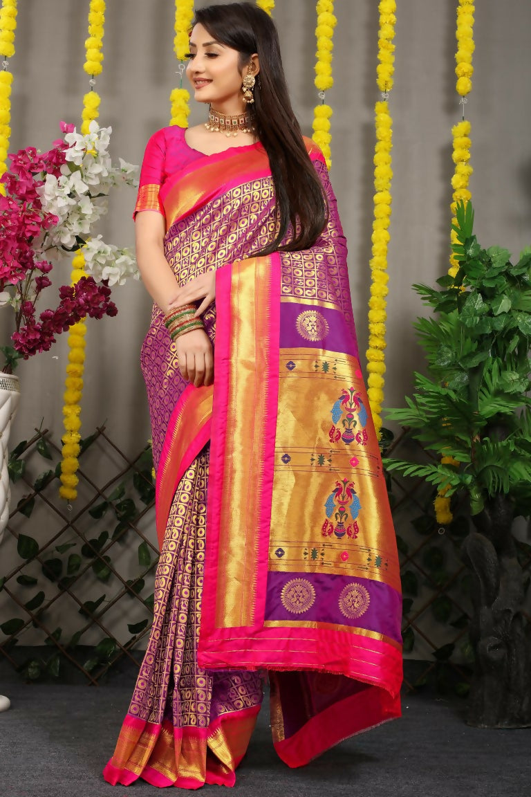Jyoti Fashion Women's Purple Banarasi Silk Zari Woven Saree with Blouse | Grocsy