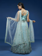 House of Panchhi Turquoise Blue Net Sequinse Work Lehenga & Blouse, Dupatta | Grocsy