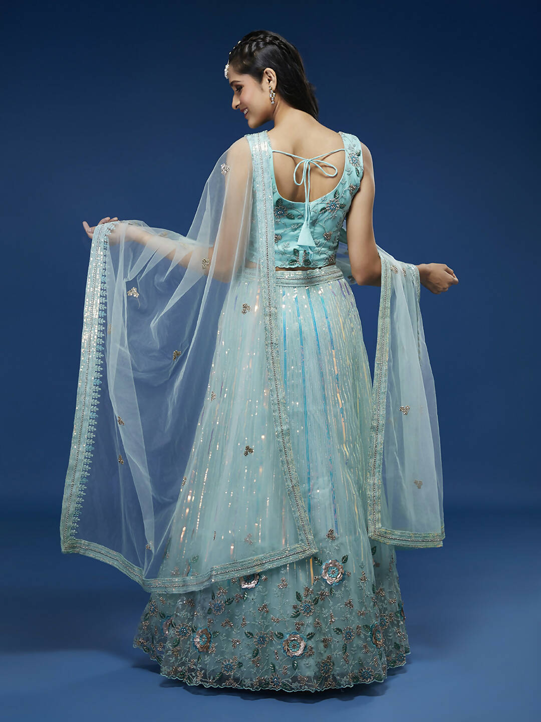 House of Panchhi Turquoise Blue Net Sequinse Work Lehenga & Blouse, Dupatta | Grocsy