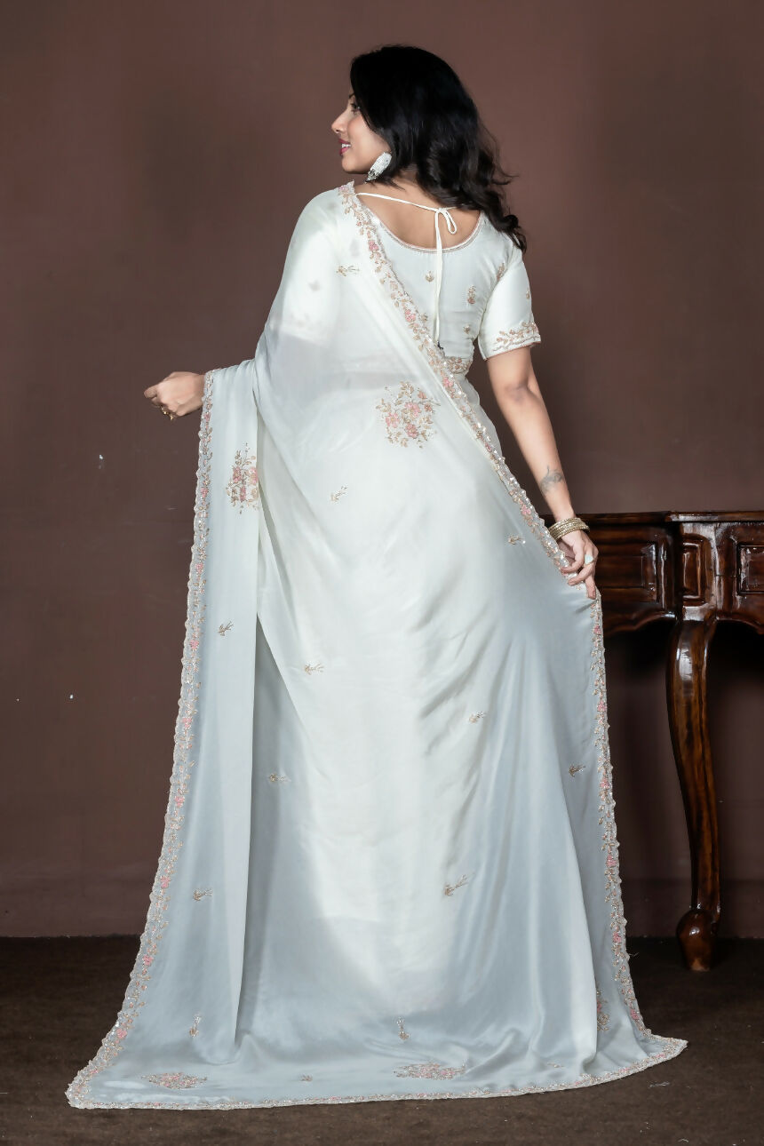 Morchari Off White Chiffon Hand Embroidery Saree And Stitched Blouse | Grocsy