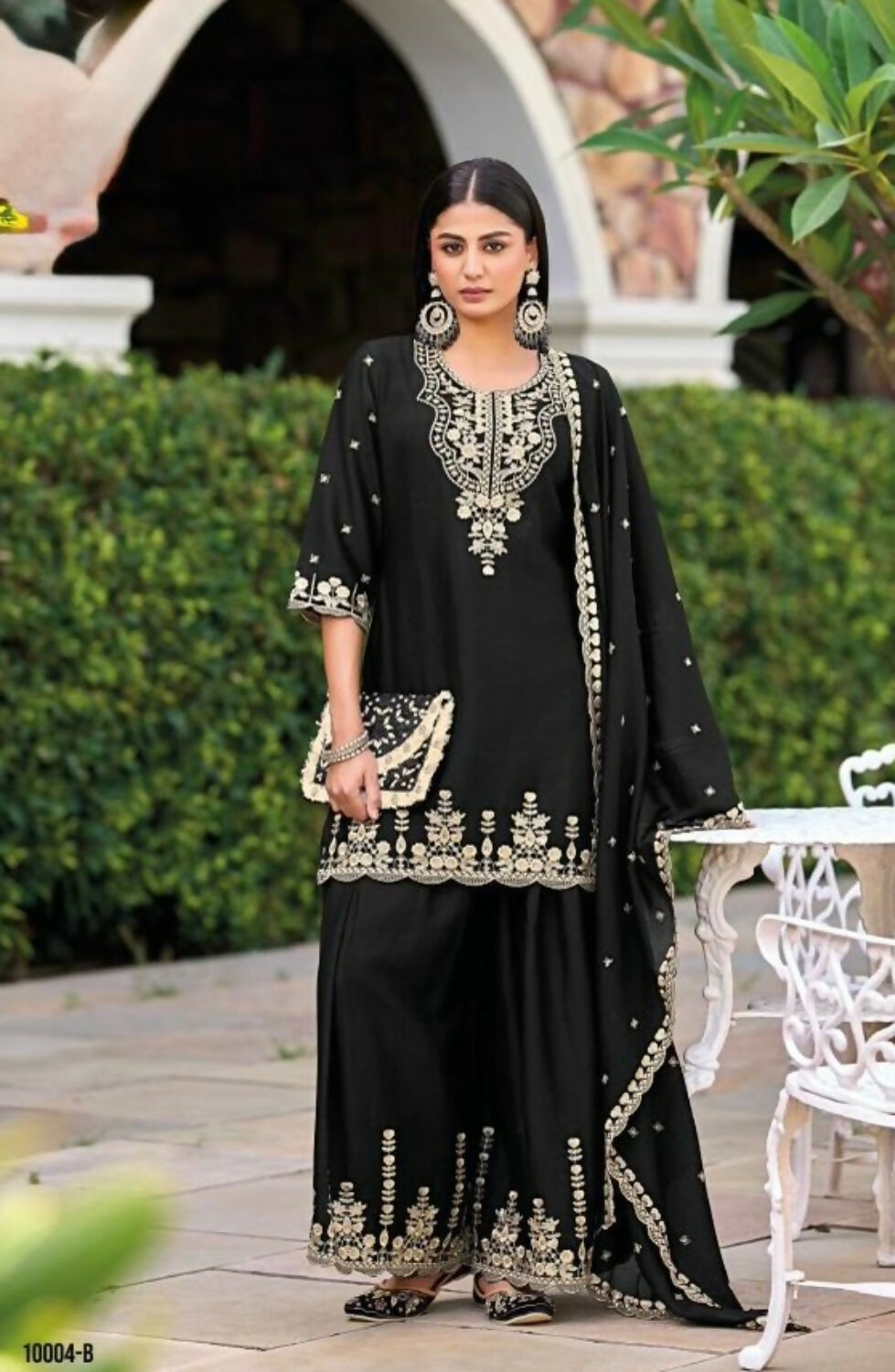 Anaita Black Chinon Readymade Palazzo Suit with Heavy Embroidery Work | Grocsy