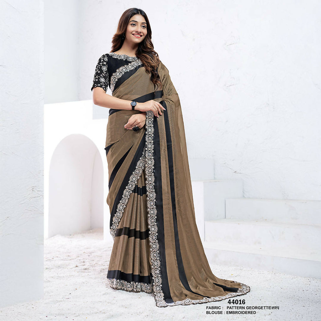 Dark Brown Pattern Georgette Moti With Real Mirror Work Saree With Unstitched Blouse - Norita Swaraa | Grocsy