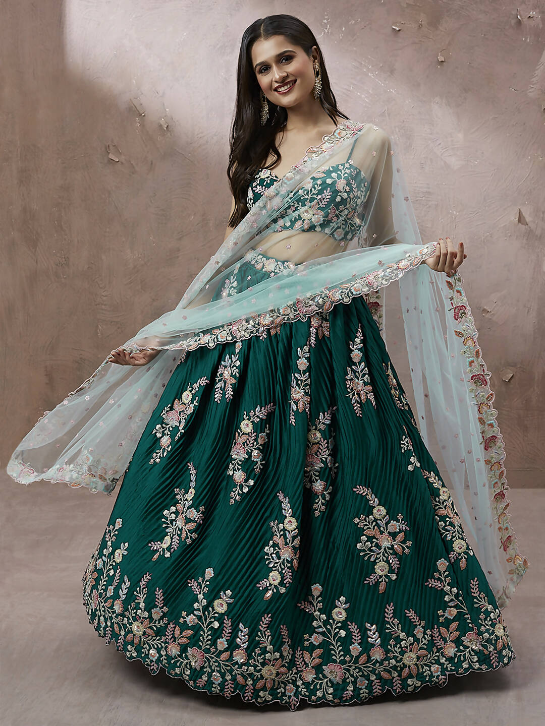 House of Panchhi Teal - Pure Georgette Thread & Sequins Work Lehenga | Grocsy
