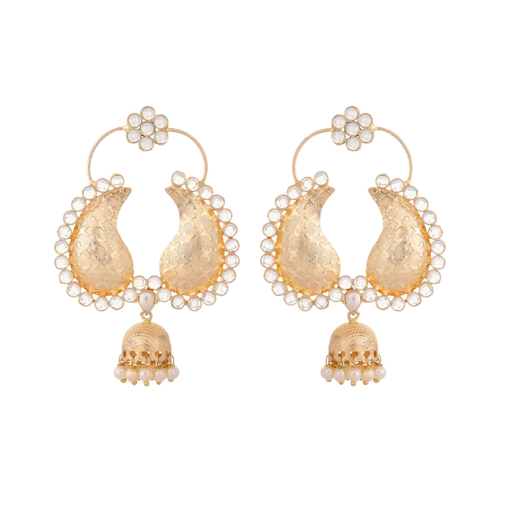Nuyug 22K Gold Plated White Stone Studded Contemporary Mini Jhumki Dangler Earrings | Grocsy