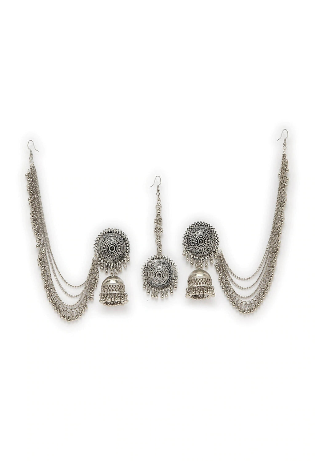 Mominos Fashion Johar Kamal Bahubali Silver Colour Earrings With Tikka