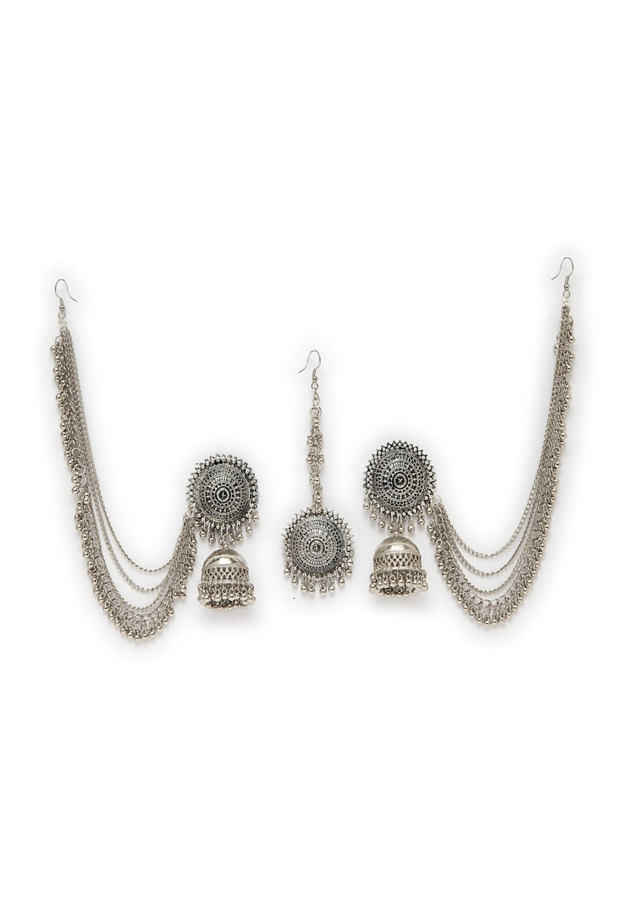 Mominos Fashion Johar Kamal Bahubali Silver Colour Earrings With Tikka