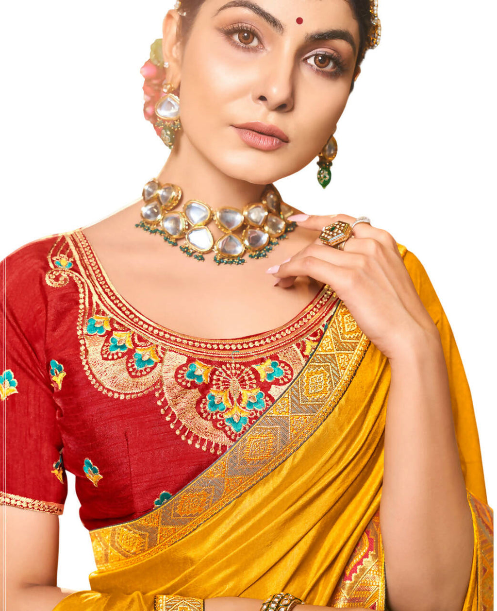 Mustard Solid Vichitra Saree With Unstitched Blouse Piece - Selena | Grocsy