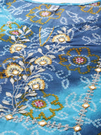Yufta Women Blue Bandhani Printed Embroidered Detail Cotton Kurta with Trouser & Dupatta | Grocsy